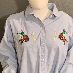 Vintage Casey ColemWestern Light Blue Embroidered Rodeo Design Long Sleeve Shirt